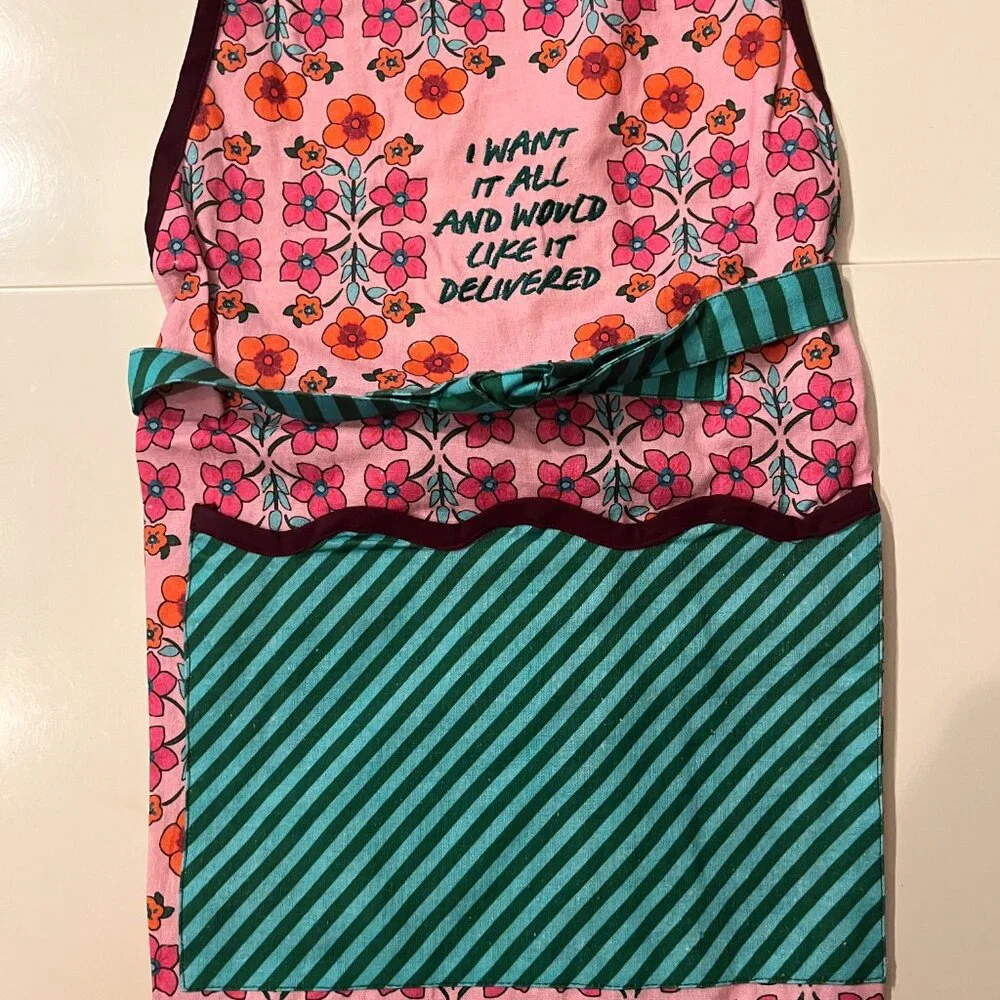 I Want It All and Would Like It Delivered Colorful Apron NWT Cotton Hostess Gift